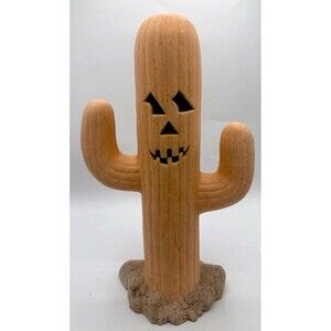 Vintage Ceramic Pottery Saguaro Cactus Jack-O-Lantern Statue 14.5” Halloween